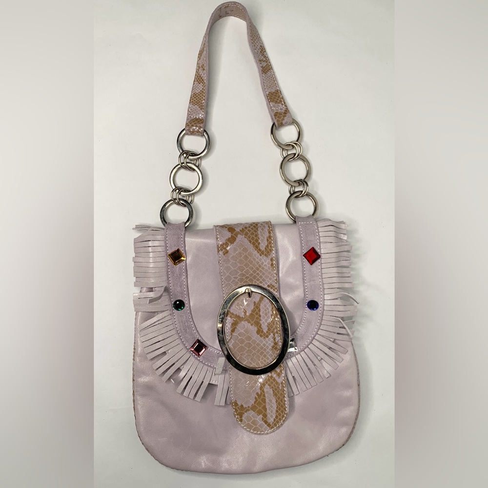 Lavender Vera Pelle Fringe Multicolor Stone Embellished Handbag